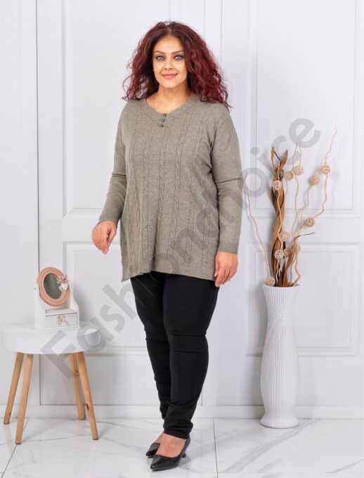 Plus size πλεκτή V μπλούζα με ανάγλυφο σχέδιο-χακί-κωδ 1986-3