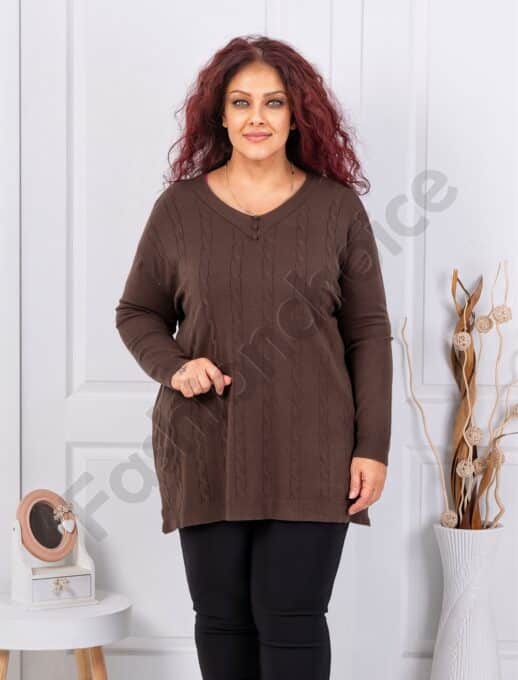 Plus size πλεκτή V μπλούζα με ανάγλυφο σχέδιο-καφέ-κωδ 1986-5