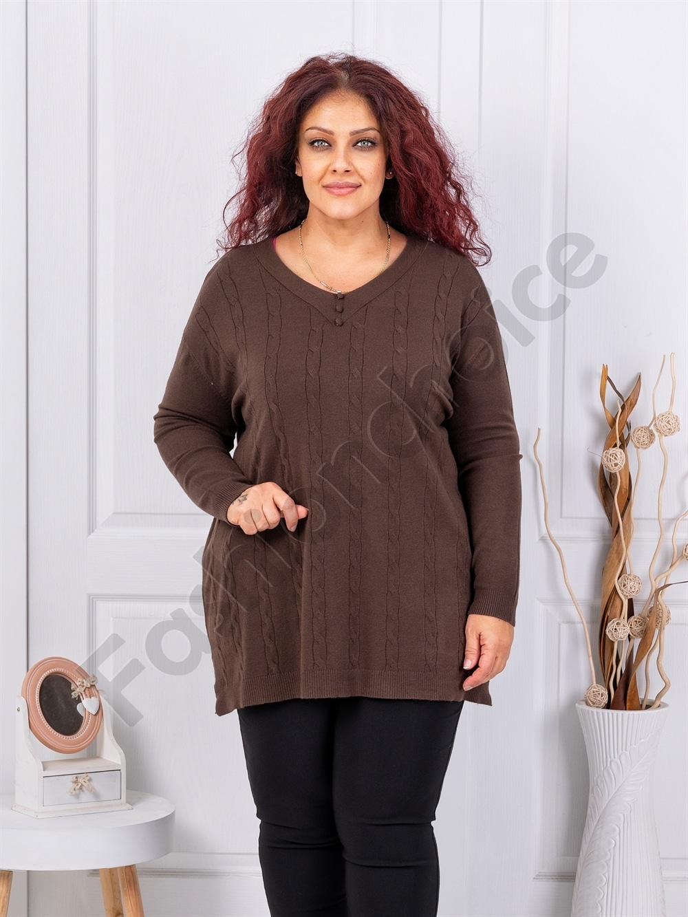 Plus size πλεκτή V μπλούζα με ανάγλυφο σχέδιο-καφέ-κωδ 1986-5