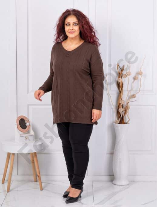 Plus size πλεκτή V μπλούζα με ανάγλυφο σχέδιο-καφέ-κωδ 1986-5