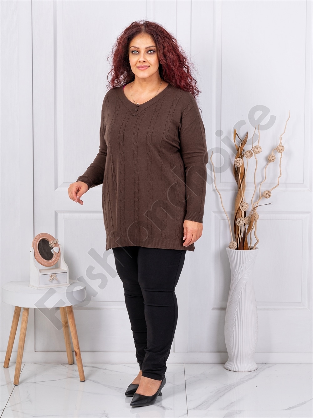 Plus size πλεκτή V μπλούζα με ανάγλυφο σχέδιο-καφέ-κωδ 1986-5