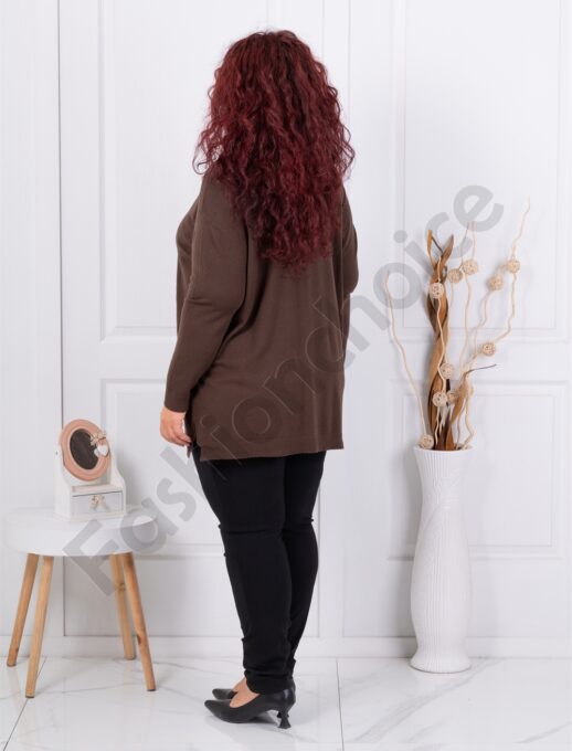 Plus size πλεκτή V μπλούζα με ανάγλυφο σχέδιο-καφέ-κωδ 1986-5