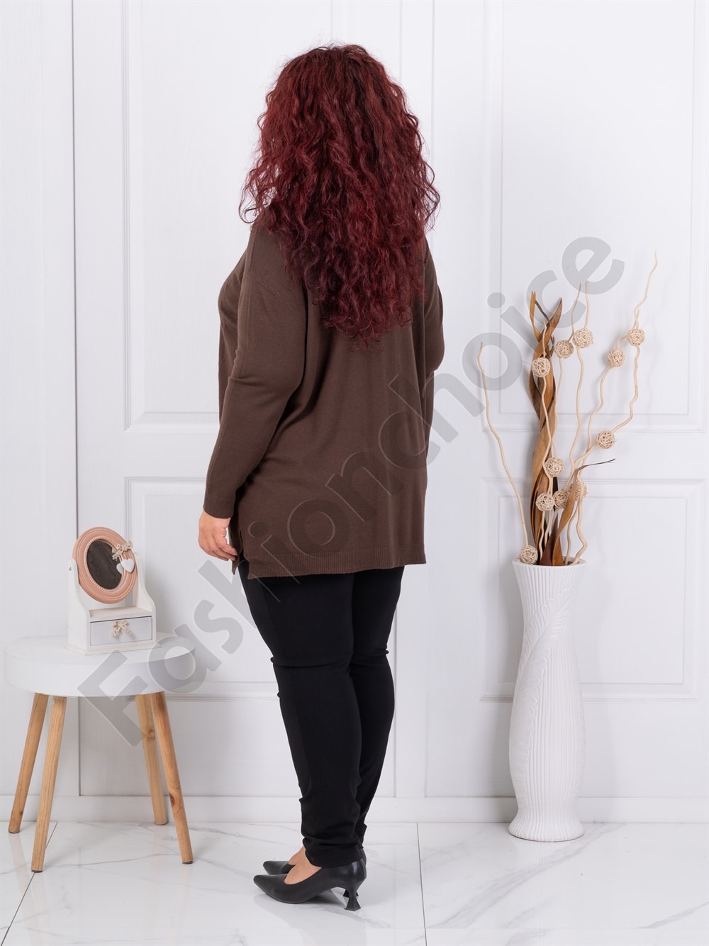 Plus size πλεκτή V μπλούζα με ανάγλυφο σχέδιο-καφέ-κωδ 1986-5