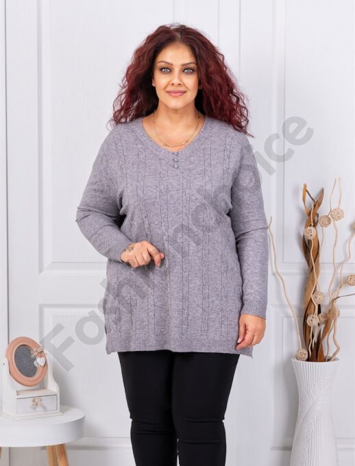 Plus size πλεκτή V μπλούζα με ανάγλυφο σχέδιο-γκρι-κωδ 1986-4