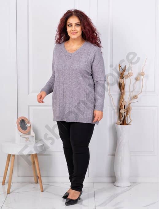 Plus size πλεκτή V μπλούζα με ανάγλυφο σχέδιο-γκρι-κωδ 1986-4
