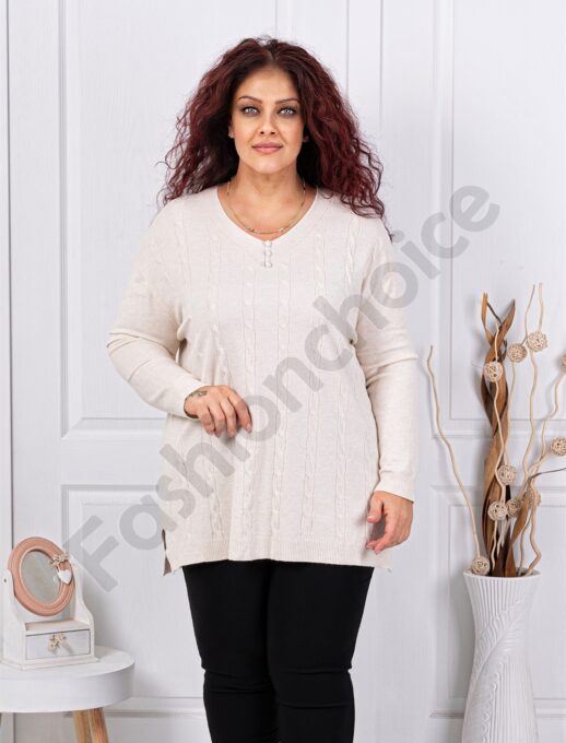 Plus size πλεκτή V μπλούζα με ανάγλυφο σχέδιο-εκρού-κωδ 1986-1