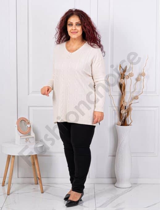Plus size πλεκτή V μπλούζα με ανάγλυφο σχέδιο-εκρού-κωδ 1986-1