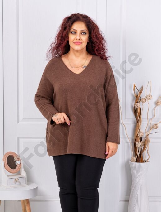 Plus size πλεκτή V μπλούζα-καμηλό-κωδ 920-7