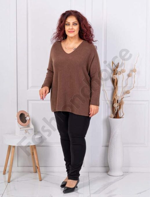 Plus size πλεκτή V μπλούζα-καμηλό-κωδ 920-7