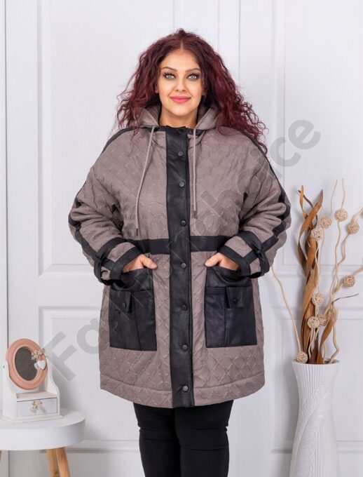 Plus size μπουφάν με λεπτομέρεια σουέτ δέρμα-μόκα-κωδ 63281-1