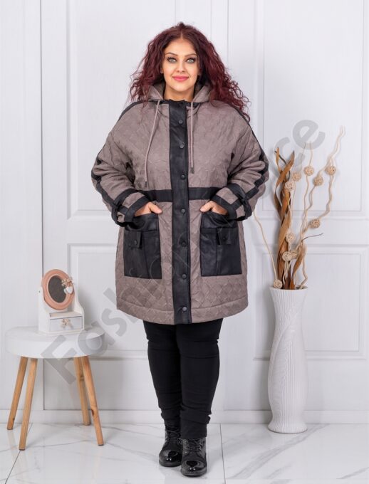 Plus size μπουφάν με λεπτομέρεια σουέτ δέρμα-μόκα-κωδ 63281-1
