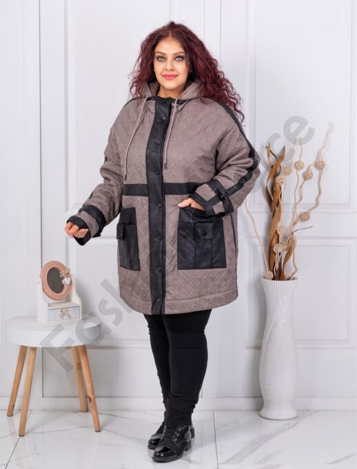 Plus size μπουφάν με λεπτομέρεια σουέτ δέρμα-μόκα-κωδ 63281-1