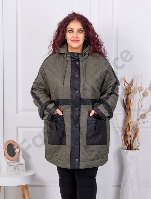 Plus size μπουφάν με λεπτομέρεια σουέτ δέρμα-χακί-κωδ 63281-2