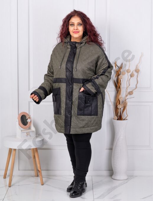 Plus size μπουφάν με λεπτομέρεια σουέτ δέρμα-χακί-κωδ 63281-2