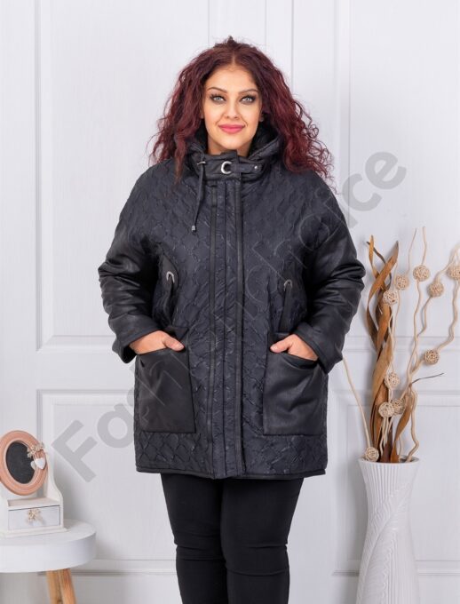 Plus size μπουφάν με συνδυασμό σουέτ δέρμα-μαύρο-κωδ 63282