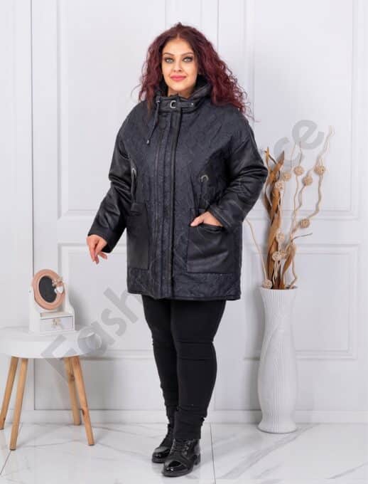 Plus size μπουφάν με συνδυασμό σουέτ δέρμα-μαύρο-κωδ 63282
