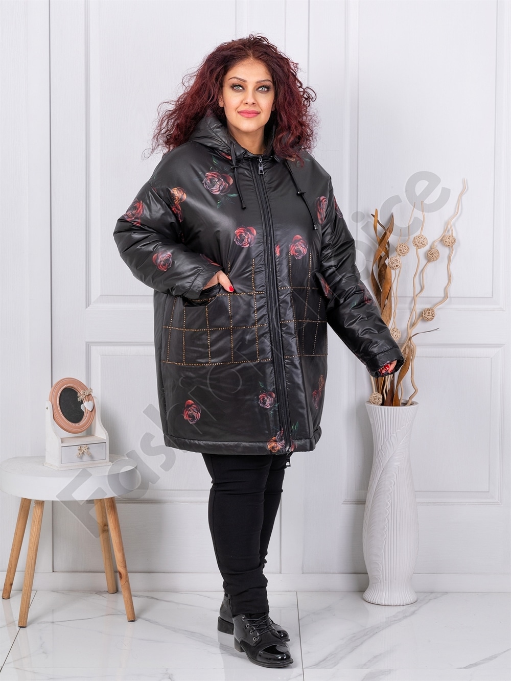 Plus size μπουφάν με τριαντάφυλλα και στρας-κωδ 71397