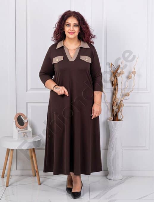 Plus size φόρεμα με γιακά-καφέ-κωδ 1482-1