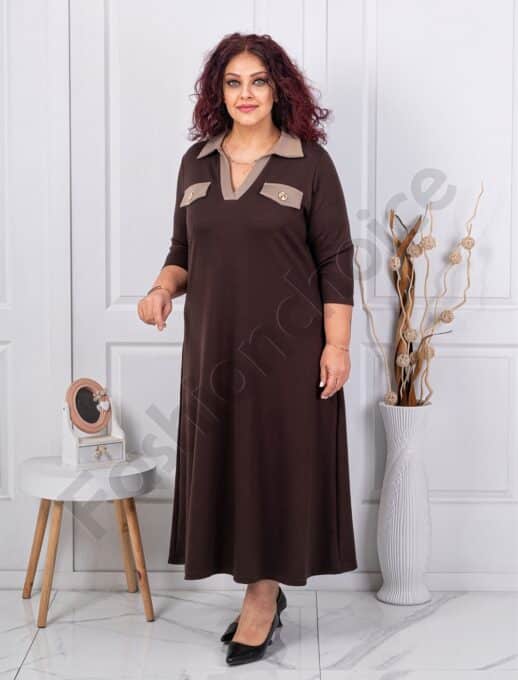 Plus size φόρεμα με γιακά-καφέ-κωδ 1482-1