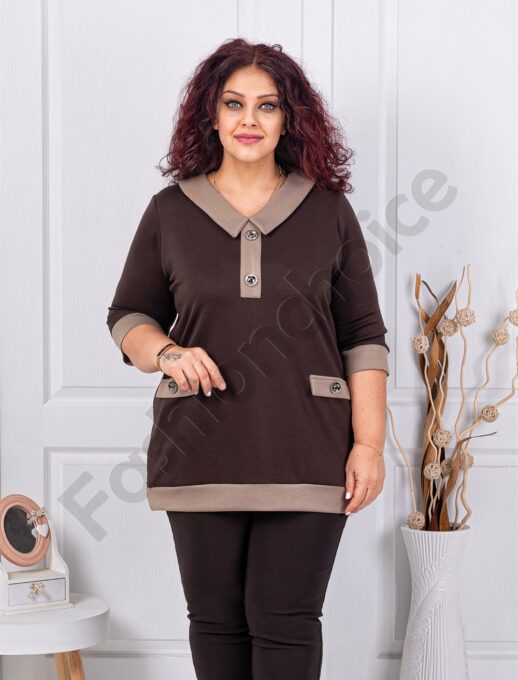 Plus size μπλούζα με διακοσμητικά κουμπιά-καφέ-κωδ 261475
