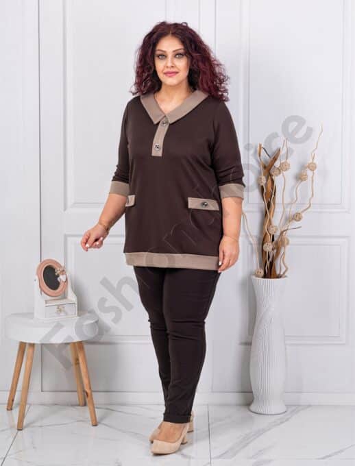 Plus size μπλούζα με διακοσμητικά κουμπιά-καφέ-κωδ 261475