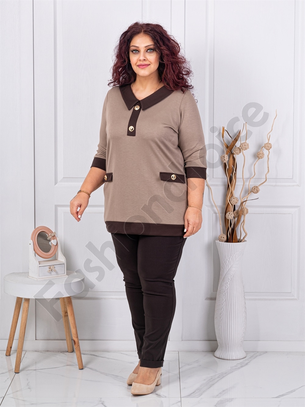 Plus size μπλούζα με διακοσμητικά κουμπιά-μόκα-κωδ 261475-3