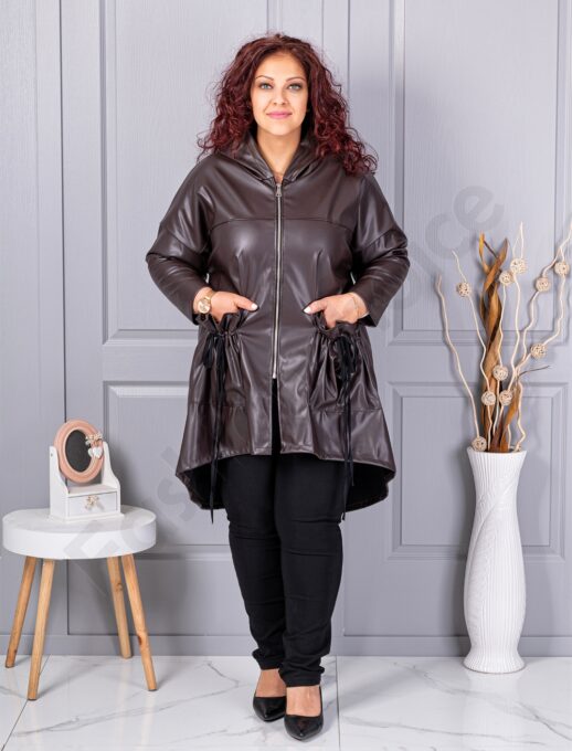 Plus size καμπαρντίνα με όψη δέρματος-καφέ-κωδ 2966-4