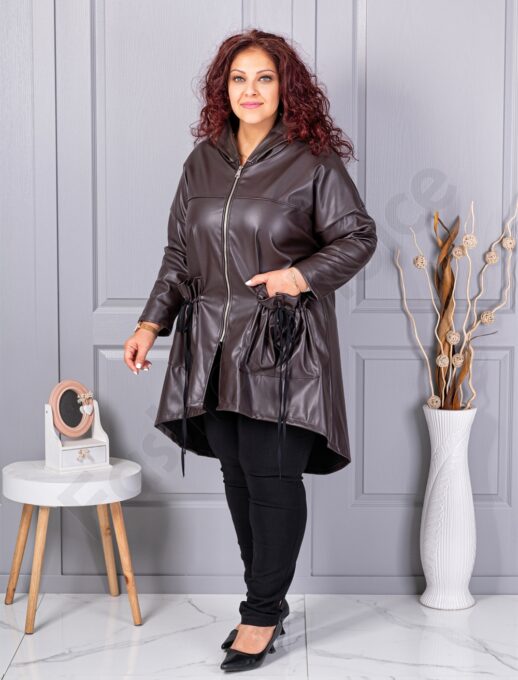 Plus size καμπαρντίνα με όψη δέρματος-καφέ-κωδ 2966-4