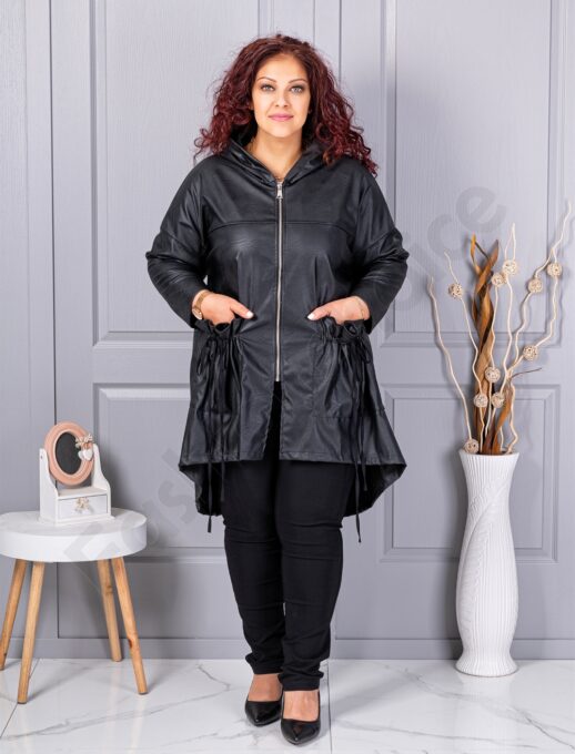 Plus size καμπαρντίνα με όψη δέρματος-μαύρο-κωδ 2966