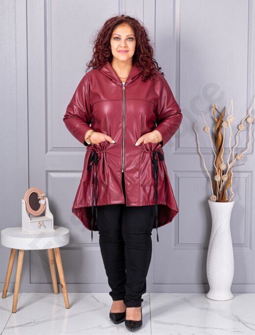 Plus size καμπαρντίνα με όψη δέρματος-μπορντό-κωδ 2966-2