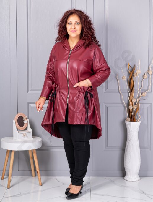 Plus size καμπαρντίνα με όψη δέρματος-μπορντό-κωδ 2966-2