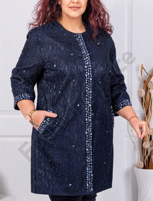 Plus size παλτό με δαντέλα και διακοσμητικές πέτρες-κωδ 3022