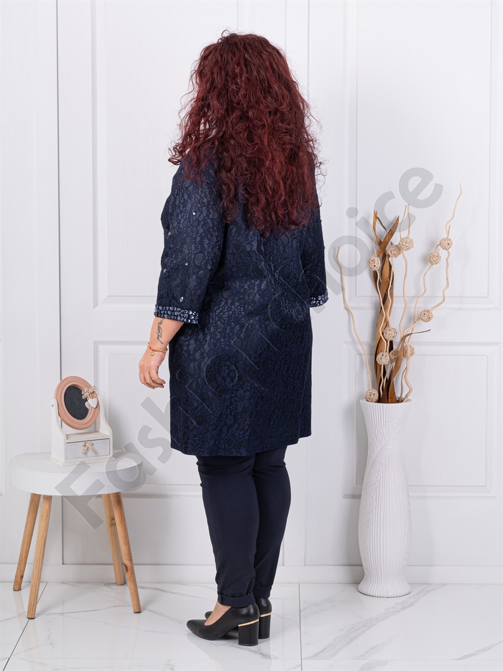 Plus size παλτό με δαντέλα και διακοσμητικές πέτρες-κωδ 3022