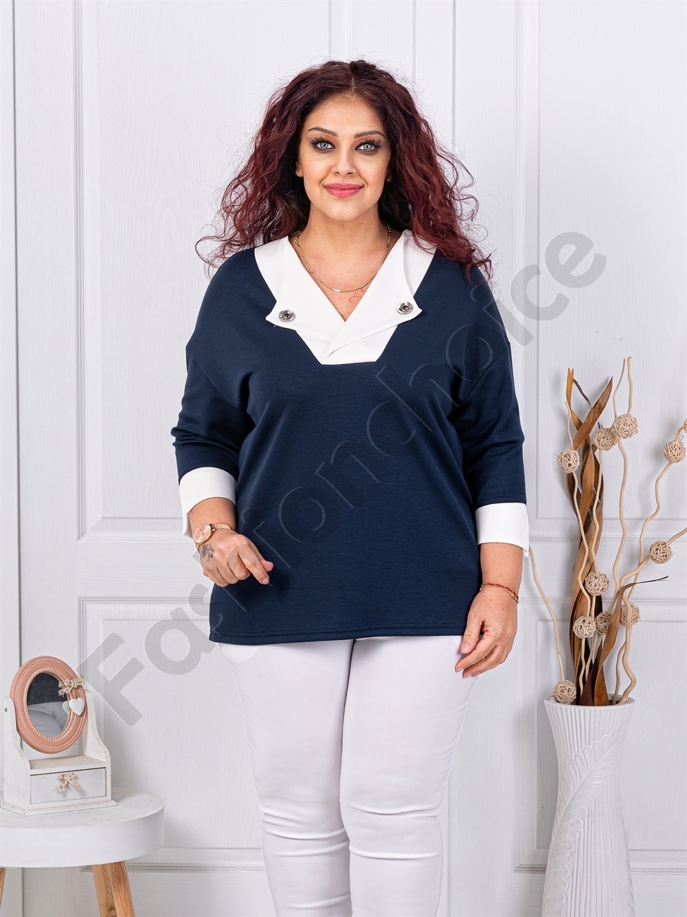 Plus size V μπλούζα-σκούρο μπλε-κωδ 261477-1