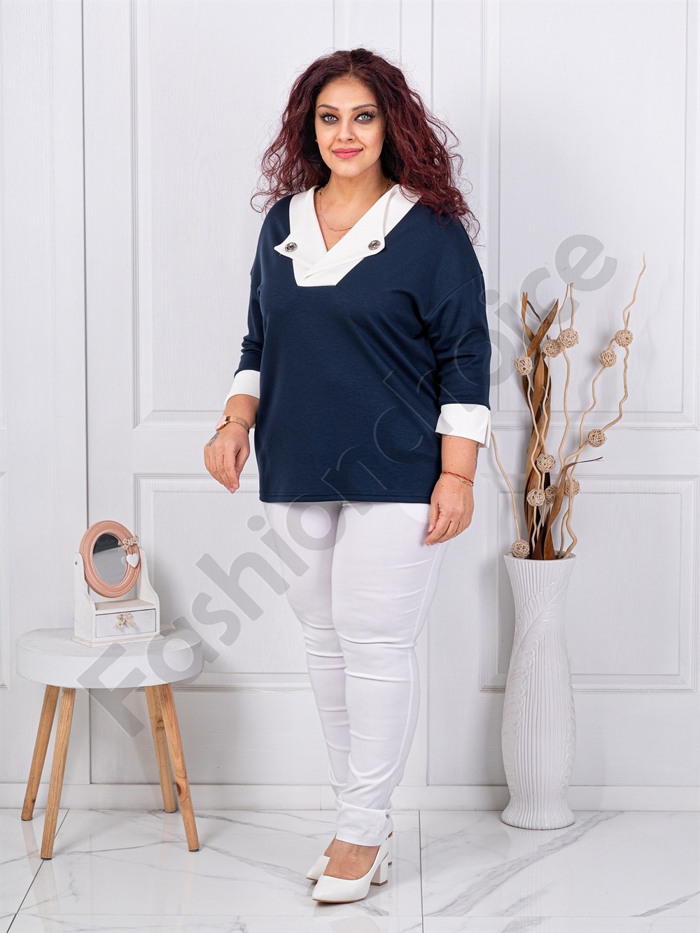 Plus size V μπλούζα-σκούρο μπλε-κωδ 261477-1