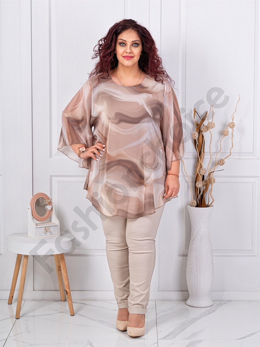 Plus size σιφόν τουνίκ-μπεζ-κωδ 26368-4