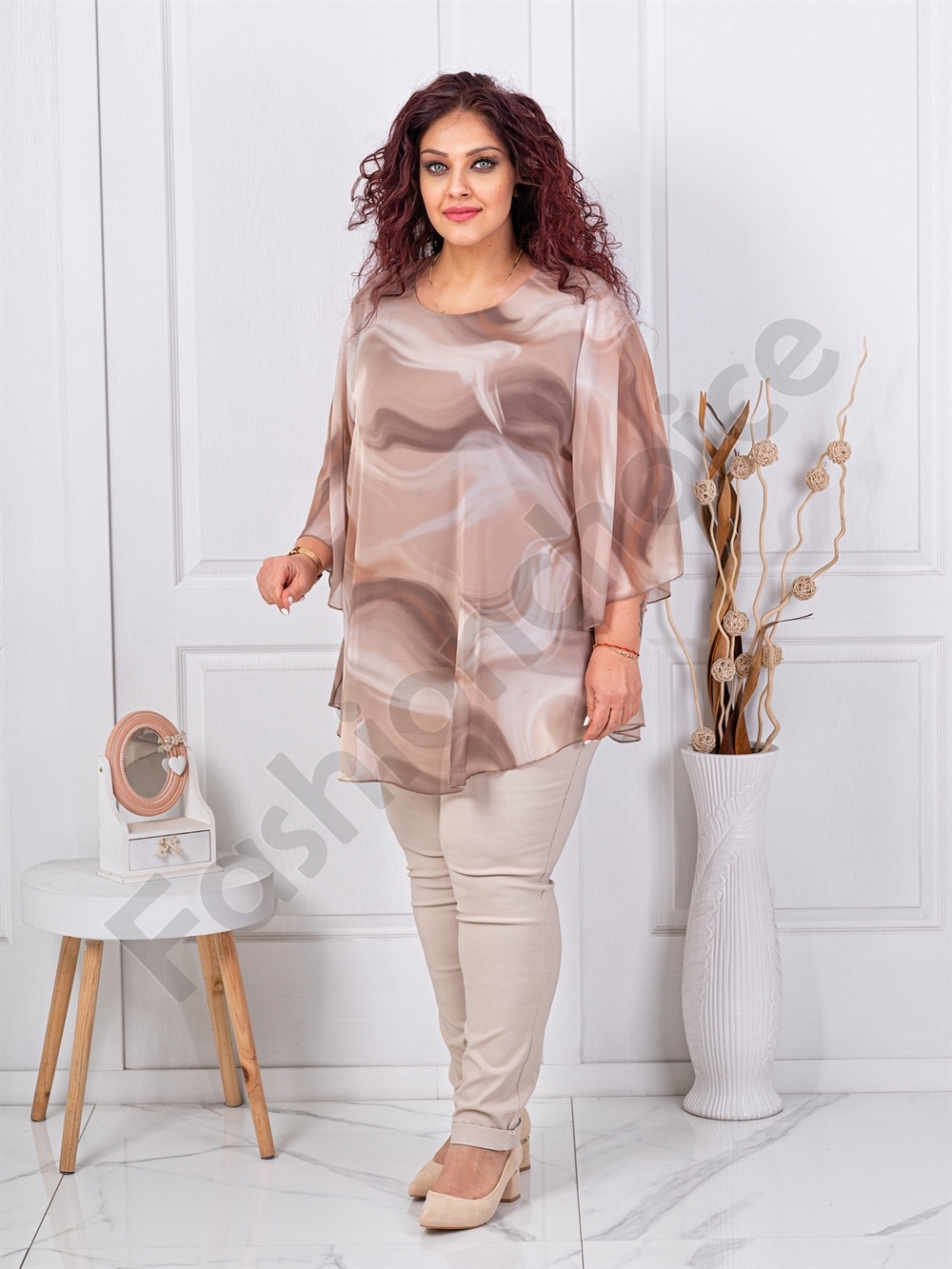 Plus size σιφόν τουνίκ-μπεζ-κωδ 26368-4