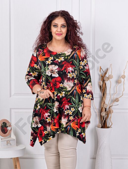 Plus size ασύμμετρη τουνίκ φλοράλ-πράσινα φύλλα-κωδ 1432-1