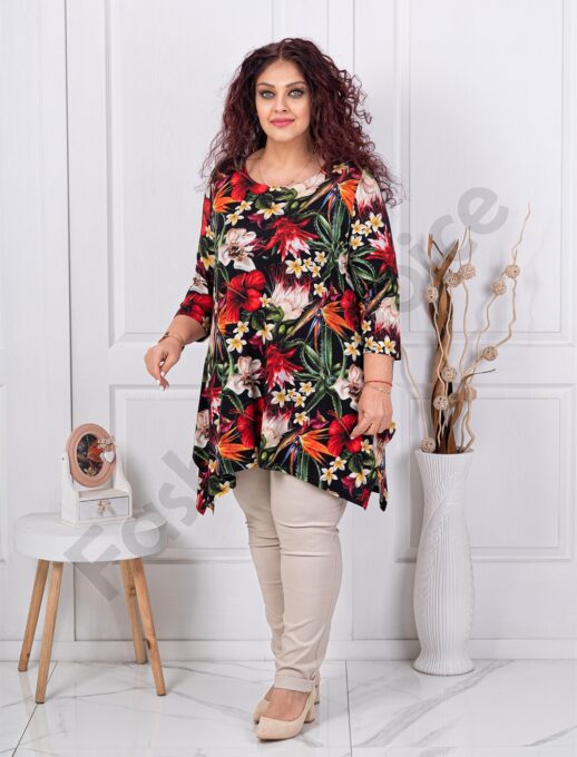 Plus size ασύμμετρη τουνίκ φλοράλ-πράσινα φύλλα-κωδ 1432-1
