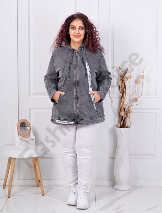 Plus size τζιν μπουφάν με κουκούλα και απλικέ-γραφίτη-κωδ 9195