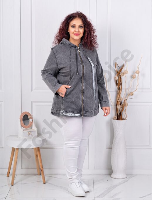 Plus size τζιν μπουφάν με κουκούλα και απλικέ-γραφίτη-κωδ 9195
