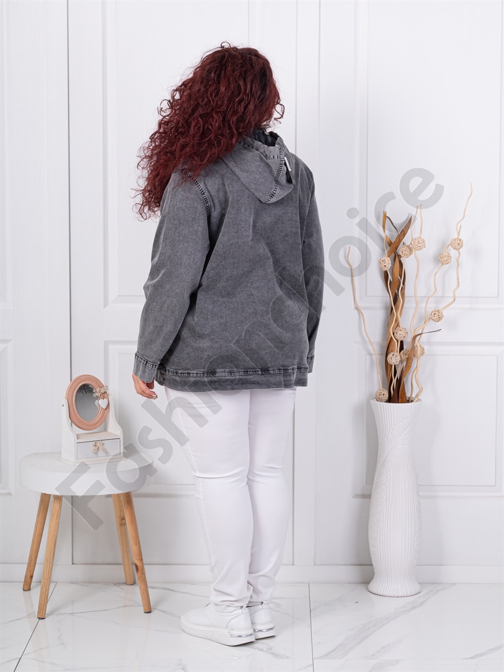 Plus size τζιν μπουφάν με κουκούλα και απλικέ-γραφίτη-κωδ 9195