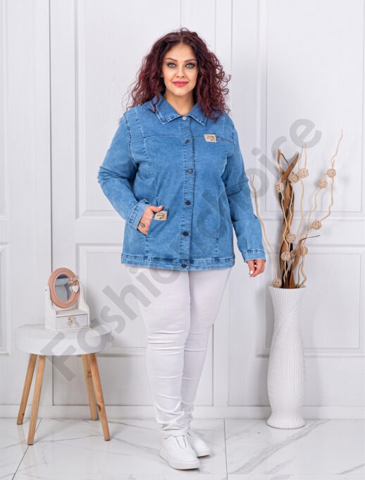 Plus size τζιν μπουφάν με δερμάτινο απλικέ-μπλε-κωδ 8928