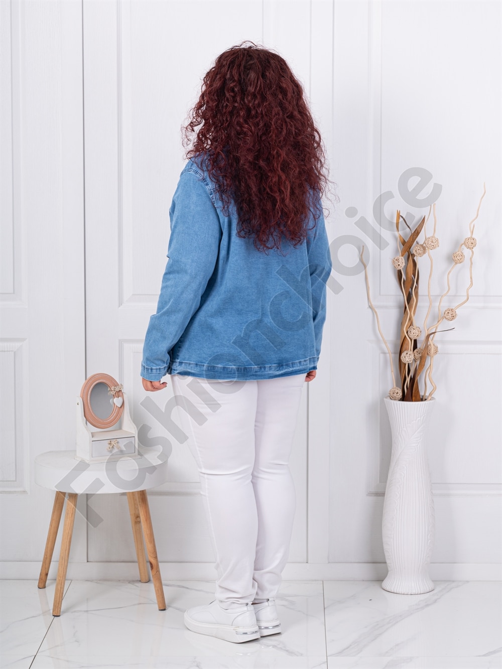 Plus size τζιν μπουφάν με δερμάτινο απλικέ-μπλε-κωδ 8928