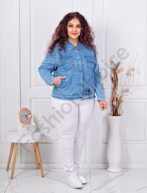 Plus size τζιν μπουφάν με απλικέ στρας-μπλε-κωδ 8049