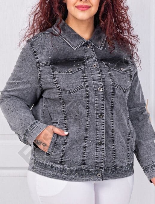 Plus size τζιν μπουφάν με απλικέ στρας-γραφίτη-κωδ 9018