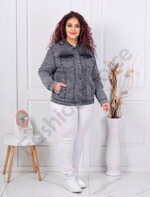 Plus size τζιν μπουφάν με απλικέ στρας-γραφίτη-κωδ 9018