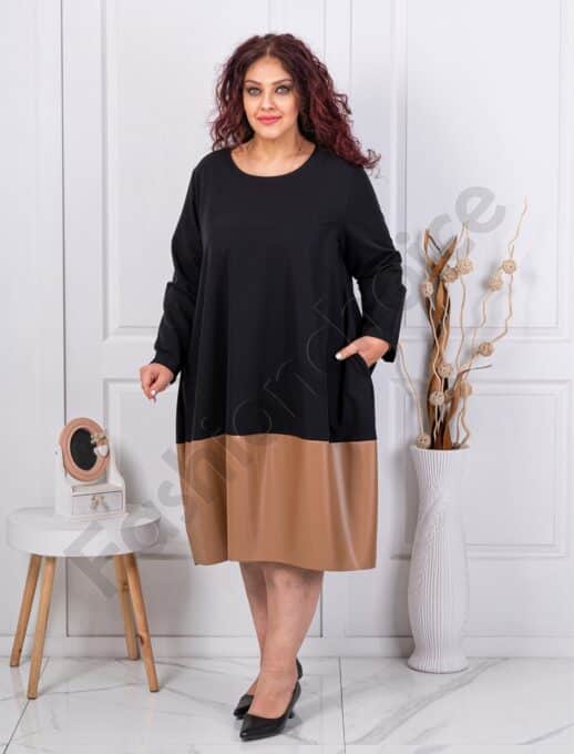 Plus size φόρεμα με δερματίνη στο τελείωμα-κωδ 8905