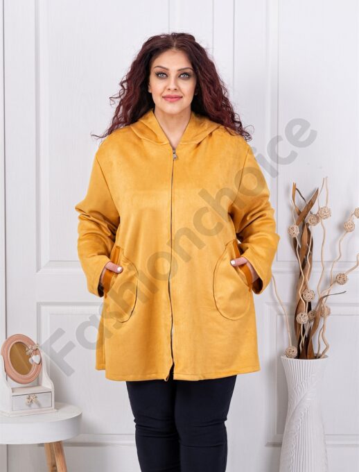 Plus size βελούδινο ζακέτα με κουκούλα-μουσταρδί-κωδ 3833-1