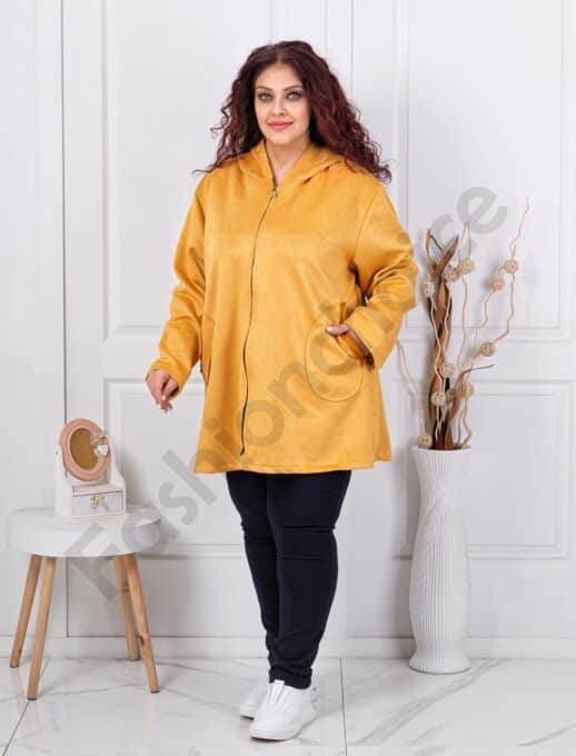 Plus size βελούδινο ζακέτα με κουκούλα-μουσταρδί-κωδ 3833-1